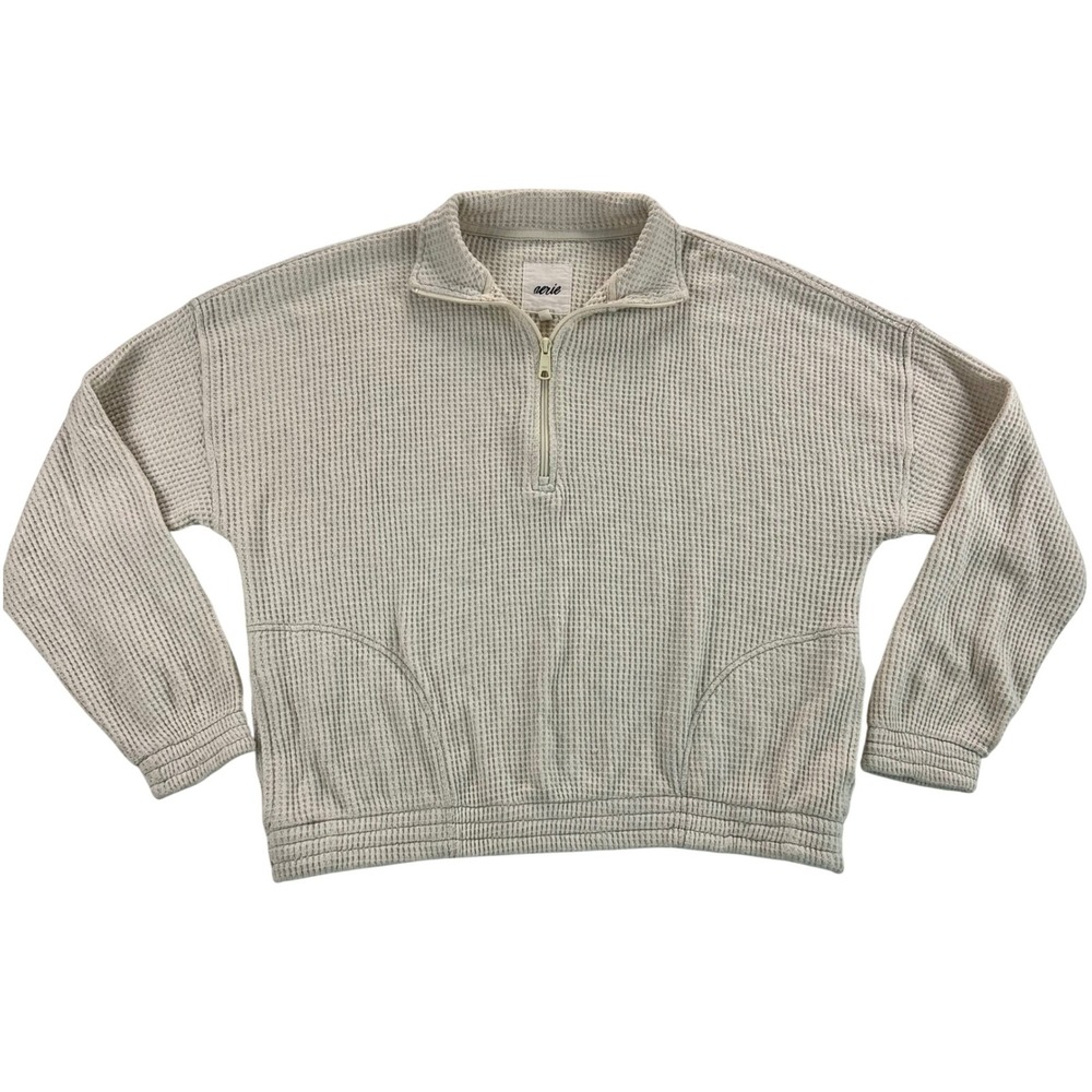 Aerie Womens Waffle Knit Quarter Zip Pullover Oatmeal Cream Relaxed Fit Medium
